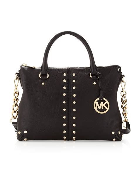 michael kors black bag with black hardware|Michael Kors black studded handbag.